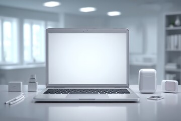 Sleek laptop mockup with blank white screen displayed in a modern office setting with various accessories, perfect for showcasing digital products and services.