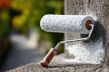 Close-up of a paint roller applying white paint to a concrete wall with a natural bokeh background, showcasing renovation process and artistic home improvement concept.