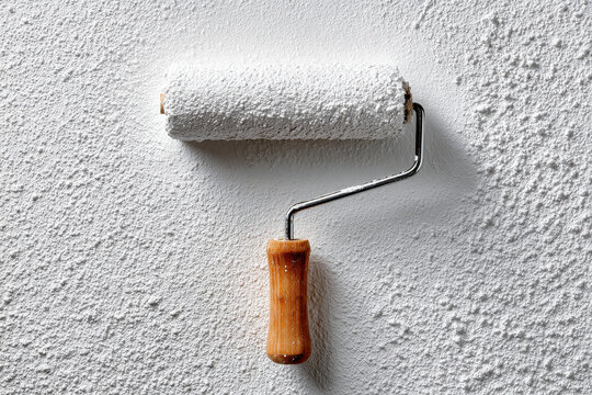 Close-up of a paint roller applying white paint to a textured wall, showing details of the roller, wall, and paint application in a studio shot.