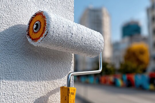 Close-up of a paint roller applying fresh white paint to a textured exterior wall, with a blurred urban backdrop suggesting a renovation project in progress.