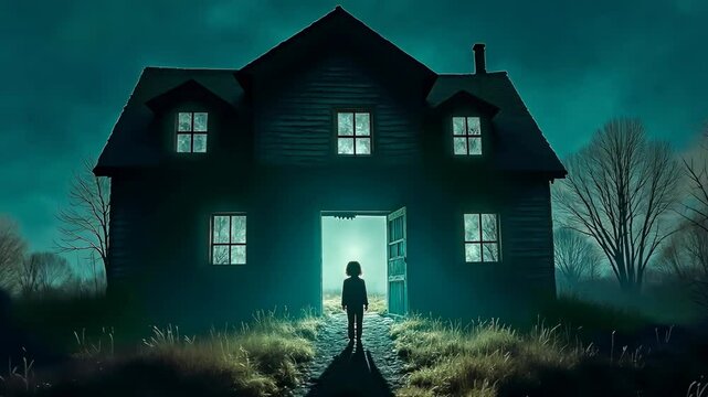 Lonely silhouette, eerie night, shadowed figure. Haunted house. Trees sway in chilling breeze. Doors creak in abandoned home. Shadows creep along moonlit walls.
