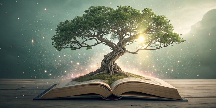 Wisdom visualized &mdash; aged tree growing from a floating book with glowing roots
