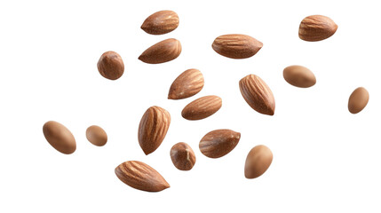 Flying 3D roasted almonds with natural skin texture and shadows isolated on white background 