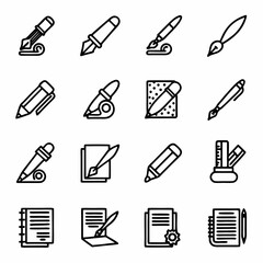 Vector writing tools icons collection pen pencil brush notebook paper writing drawing sketching design set line art 100