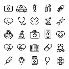 Medical healthcare icons set ambulance stethoscope dna syringe microscope heart capsule and doctor line art vector