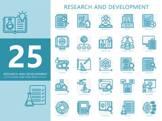Research and development dual tone icons set. contain innovation, academic paper, draft, discovery, idea, evaluation and more. Vector for print, digital UI, UX, web and app, for education, industry