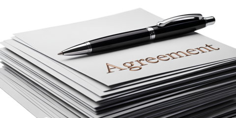 Agreement & Pen: A sleek black pen rests delicately atop a stack of important documents. Contract paper  in administration office for signature and legal approval. Corporate finance signing pages pile
