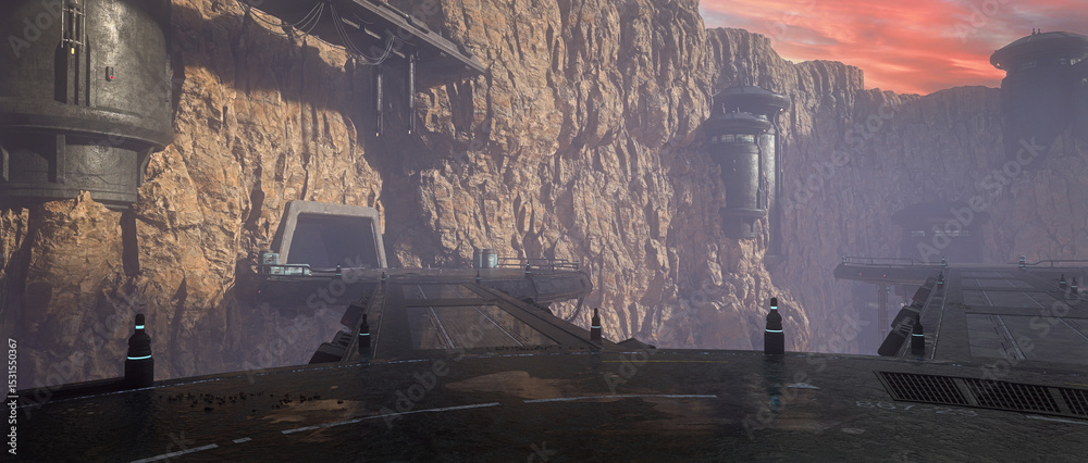 Poster 3d rendered wide panoramic science fiction background of a futuristic fantasy military base in a mou