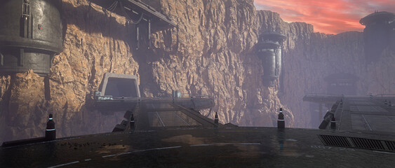 3D rendered wide panoramic science fiction background of a futuristic fantasy military base in a mountain landscape.