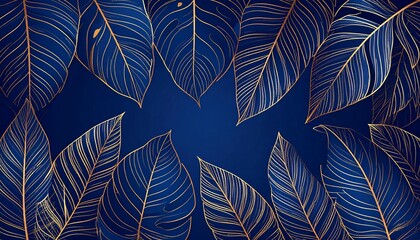 Elegant botanical artwork featuring stylized gold leaves against a deep navy blue backdrop, suitable for design and decorative purposes.