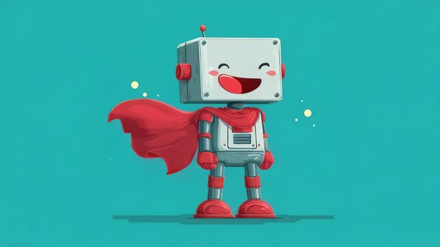 A cartoon robot with a box-shaped head is standing upright and wearing a cape. The concept of online technical support.