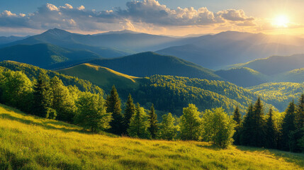 Awe-inspiring summer scene featuring rugged mountains, evergreen forests, and verdant slopes in the Carpathians, Ukraine. A sunlit moment of natural beauty
