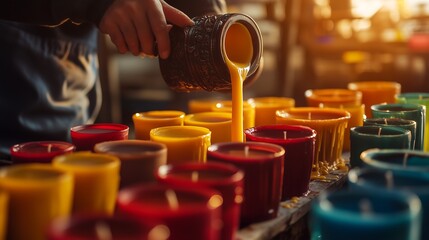 A person pouring wax into colorful candle molds, creating a vibrant array of scented candles.