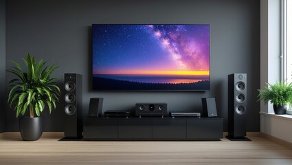 The image shows a modern home theater setup with a large flat-screen TV displaying a colorful landscape, flanked by two speakers on either side.	
