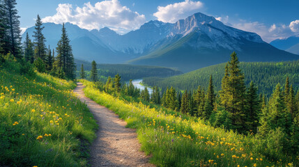 Fototapeta premium Scenic Bow River Trail winds through vibrant summer terrain with the Sulphur Mountain Range in the backdrop, located in Banff National Park, Canada