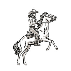 cowgirl riding horse on bucking bronco vintage illustration