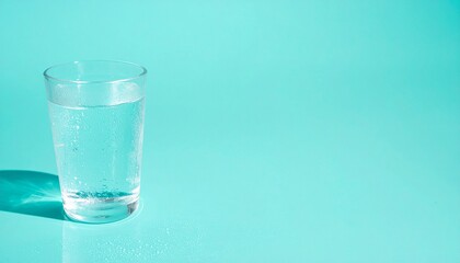 マットなライトターコイズ背景の左下に置かれた透明な冷水グラスと、自然光が生む爽やかな反射と水滴

