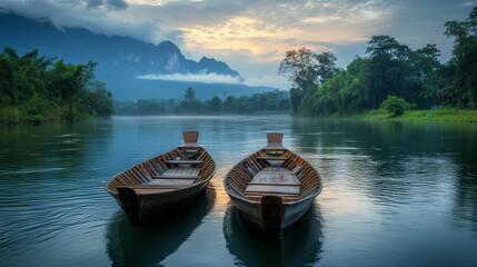 Obraz premium Traditional wooden boats glide gently on the Song River in scenic Vang Vieng, Laos