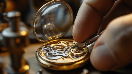 Close-up of a skilled artisan's hand repairing a vintage gold pocket watch.