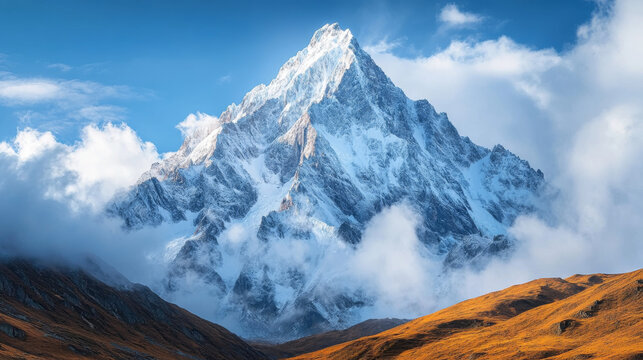 Towering peak of Mount Shkhara stands proudly along the Greater Caucasus ridge in Zemo Svaneti, Georgia