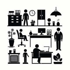 Office Scenes Silhouette Black Vector Icons