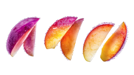 Flying caramelized fairy apple slices with iridescent sugar glaze isolated on white background 