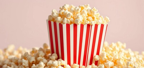Classic striped cardboard popcorn box, overflowing with fluffy popcorn,  light,  yellow
