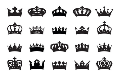 Set black crowns. Royal insignia collection. Royal crowns. Set of icons and elements for logo design.