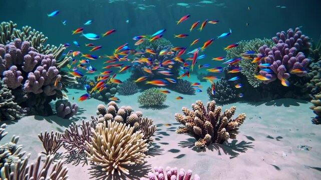 Vibrant coral reef aquarium: swarming colorful fish in crystal clear tropical water