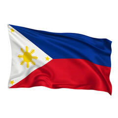 Philippine flag blue red horizontal with white triangle sun and stars, fabric material realistic, soft movement natural, studio photography professional, isolated transparent, stock quality standard