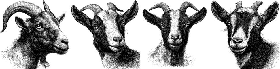 Detailed engraved illustration of a goat with bold black lines for art and vector design