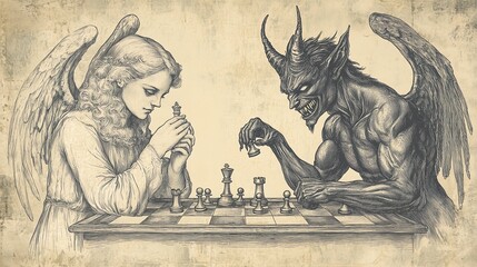 A dramatic game of chess between a serene angel and a formidable demon, highlighting the clash of good and evil.