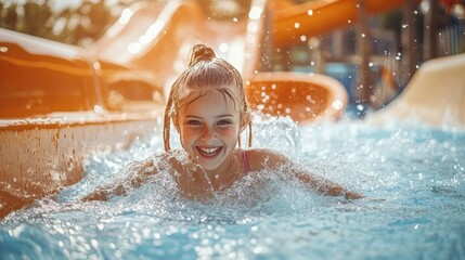 Excited Little Girl Splashing in Pool After Water Slide Ride in Summer
