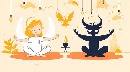 Fototapeta premium A serene angel and a calm devil meditating side by side, embodying balance between good and evil.