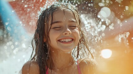 Fototapeta premium Girl enjoying water stream with eyes closed on a sunny day