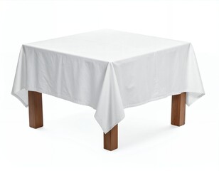 A square wooden table with a white tablecloth, perfect for dining or product presentation, isolated on white.