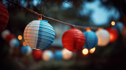 Obraz premium Red White and Blue Hanging Lanterns at Night – Patriotic Outdoor Party Lighting for 4th of July Celebrations