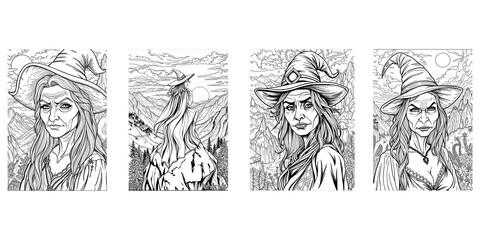 Obraz premium Funny Caricature Witches with Ugly Faces and Sexy Bodies – Humorous Halloween Illustration