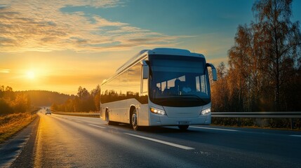 Fototapeta premium Modern Passenger Bus Vehicle Traveling on Asphalt Highway at Sunrise