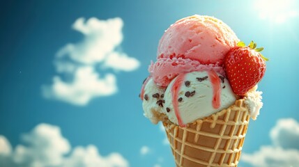 Ice cream cone with pink scoop and strawberry against a cloudy blue sky