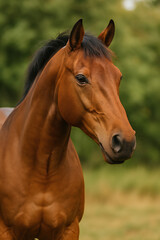 Portrait of a Bay-Colored  Horse in a Natural Setting