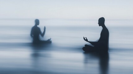 Two serene figures meditating in tranquil waters, embodying peace and harmony.