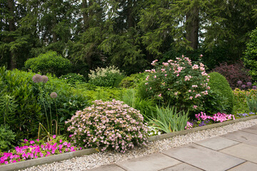 Beautiful Garden Landscape with Colorful Flower Beds and Greenery