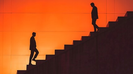 Silhouettes of two businessmen ascending and descending stairs against a vibrant orange sunset.