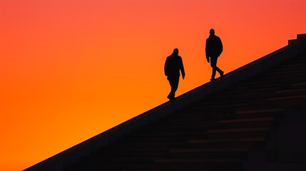 Two silhouetted men walking down stairs against a stunning orange sunset.