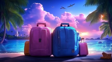 Fototapeta premium Colorful suitcases on tropical beach at sunset with palm trees and birds