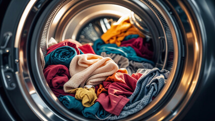 Colorful laundry inside washing machine drum viewed from front loading door.