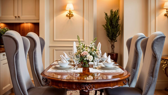 Elegant dining table set with floral centerpiece and high-back chairs in classic room.
