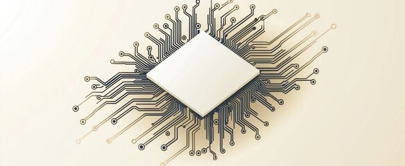 Abstract digital artwork featuring a central, blank, diamond-shaped component surrounded by intricate circuitry patterns radiating outwards against a beige background