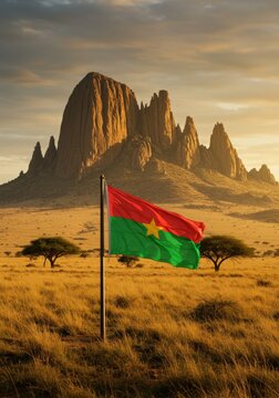Waving Burkinab&eacute; Flag Symbolizing Upright Land Against the Unique Sandstone Formations of Sindou Peaks